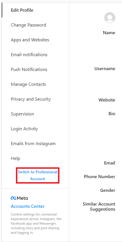 Option to switch to professional account on Instagram